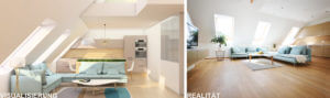 Vorher-Nachher - Visualisierung - Realität - Wohnungsumbau - Wohnküche - Design - Interior Design - Möbel - Tischlerei Semo Manufaktur